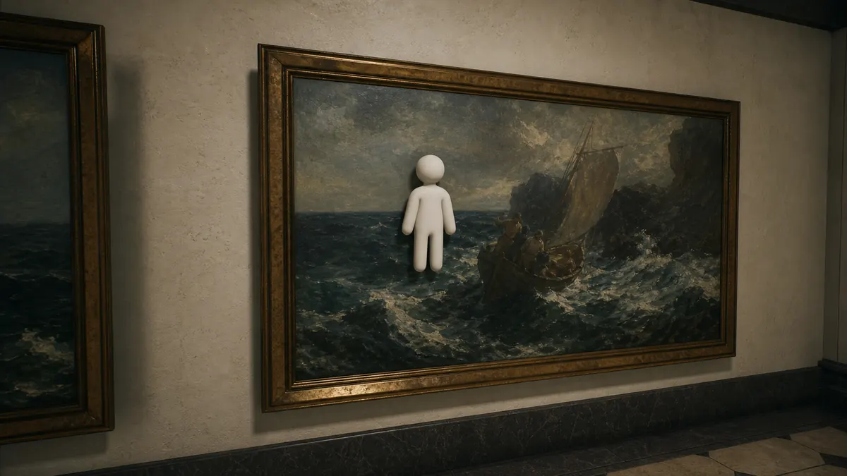Compact white hider blending into a framed painting on a museum wall